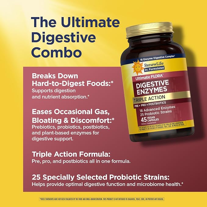 Renew Life Ultimate Flora Digestive Enzymes with Probiotics and Prebiotics | Doctor Formulated | 45 Vegan Capsules | Eases Occasional Gas, Bloating & Discomfort | Dairy, Soy and Gluten Free Supplement