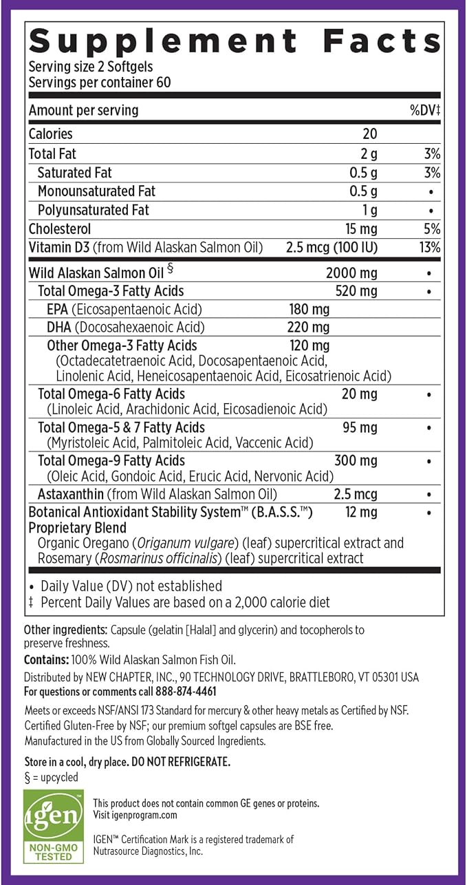 New Chapter Wholemega Fish Oil Supplement - 2000mg per Serving, Clinically Proven Wild Alaskan Salmon Oil with Omega-3 + Vitamin D3 + Astaxanthin, 120 Softgels