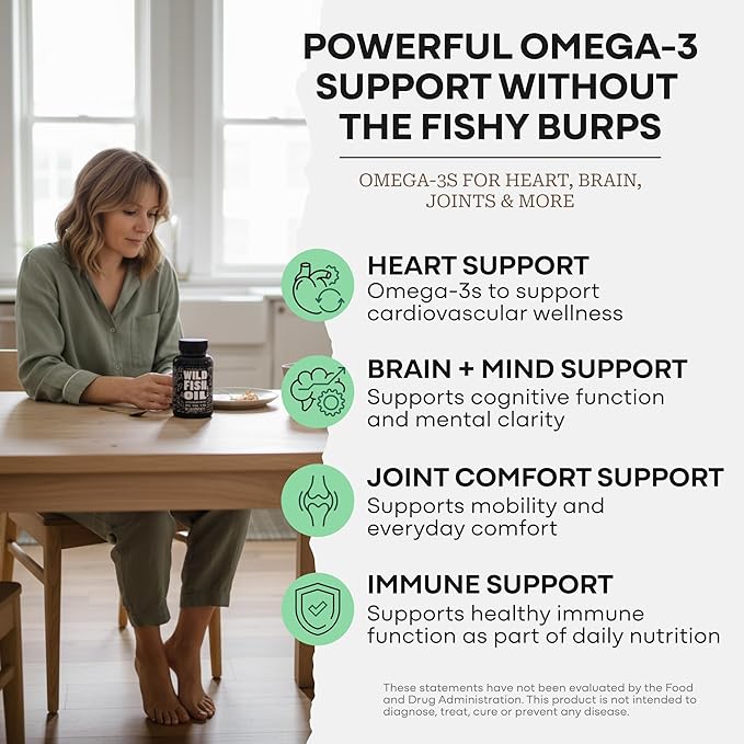 Wild Foods Omega 3 Fish Oil Supplement, 120 Capsules (1 pk) | Wild Caught, Burpless, Odorless, Non-GMO, Gluten Free | DPA, DHA, EPA Triple Strength Heart & Joint Nutrition for Women & Men