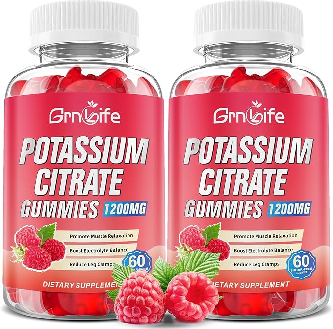 2 Pack Potassium Citrate Gummies, High Potassium Supplement 1200mg Support Leg Cramps & Muscle Health, Potassium Gummies for Adults & Kids, Vegan, Raspberry Flavor 120 Count