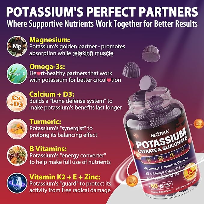Potassium Citrate and Potassium Gluconate Supplement, 1200mg Two Forms of Potassium Gummies, w/Magnesium, Omega-3, Calcium, Vitamin D3 K2 B12 E B6, Folate for Mṵṣḉḷḙ, Nerves, Health Bones, 60Cts