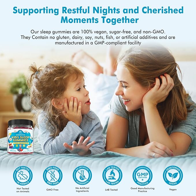Kids Sleep Gummies with Magnesium Glycinate – Melatonin Free Bedtime Support for Kids – Calm & Relaxation with L-Theanine, GABA, Chamomile & Lemon Balm – Sugar Free Mixed Berry Flavor, 60 Gummies