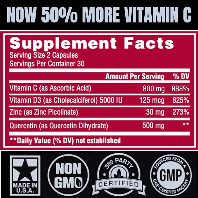 Zinc Quercetin Vitamin C 800 mg with Vitamin D3 Antioxidant Immune Support High Potency Quercetin Zinc Supplement for Men and Women - Gluten, Soy, & Dairy Free - 60 Count (Pack of 1)