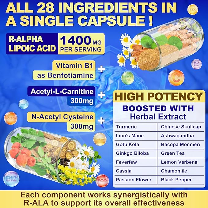 1400MG R Alpha Lipoic Acid, 28-in-1 Stabilized ALA Supplements, Neuropathy Supplements with L-Carnitine, NAC & B-Complex, R-ALA Supplement Antioxidant for Nerve, Brain, Energy丨Vegan, 240 Capsules