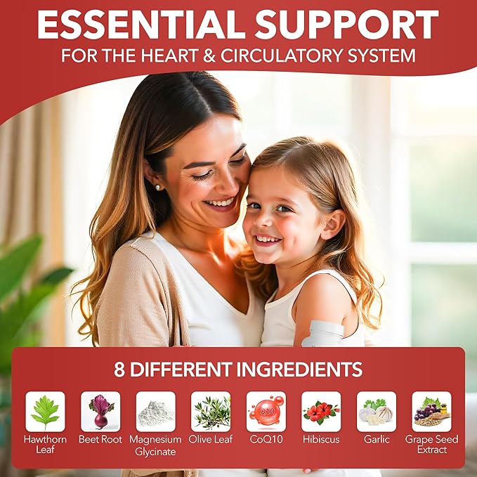 Healthy Heart - Promotes Healthy Cholesterol Circulation & Blood Pressure - Plaque - Cortisol - Arteries - LDL - HDL - CoQ10 - Hawthorne - Beet Root - Garlic - Olive Leaf - Hibiscus - 60 Count