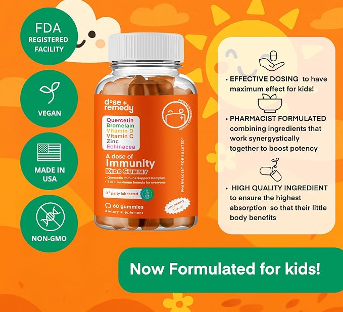 A Dose of Immunity Kids Quercetin with Vitamin C, Zinc, Vitamin D, 100mg Quercetin Bromelain, Echinacea, 60 Gummy Count (Pack of 1)
