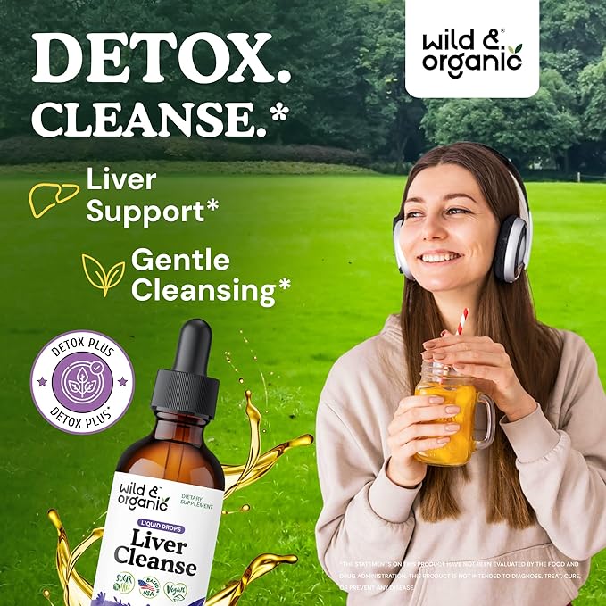 Wild & Organic Liver Cleanse Tincture - Liver Detox Formula with Milk Thistle, Dandelion Root, Chanca Piedra Stone Breaker Extract - Herbal Supplement - Vegan, Sugar & Alcohol-Free Liquid Drops - 2 oz