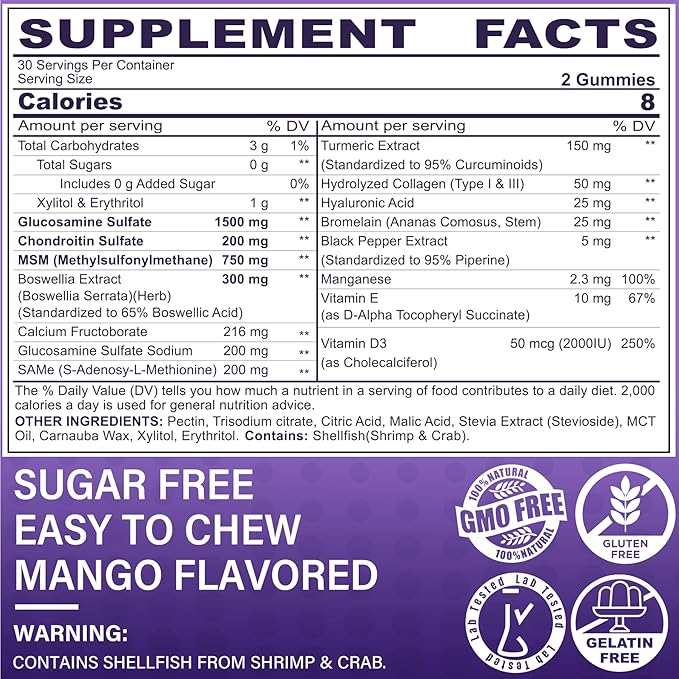 Glucosamine Chondroitin Gummies, Sugar Free Glucosamine Chondroitin MSM Supplement, Extra Strength with Boswellia Turmeric, Hydrolyzed Collagen & Hyaluronic Acid, Bone Health for Men & Women, 60 Cts