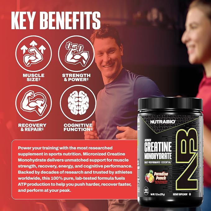 NutraBio Pure Micronized Creatine Monohydrate Powder Supplement,Paradise Punch,(300g)-Supports Bulk Muscle Energy, Recovery, and Strength-HPLC Tested Creatine Powder Supplement for Men and Women