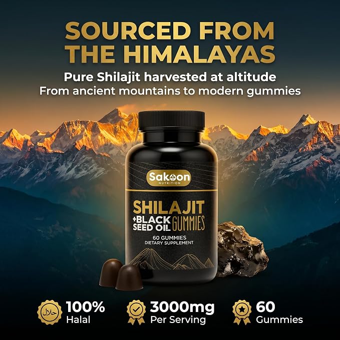 Pure Shilajit Gummies for Men & Women, Shilajit with Black Seed Oil, High Potency Pure Himalayan Resin for Energy, Immune Support, and Cognitive Function, Lab Tested Chewables