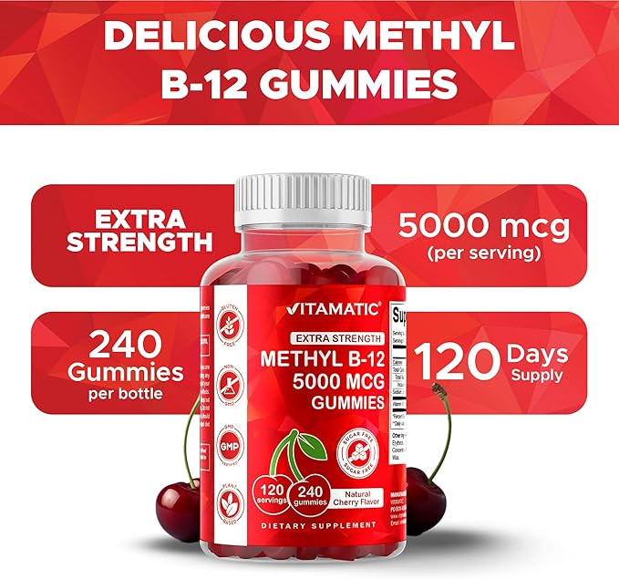 Vitamatic Extra Strength Vitamin B12 5000 mcg (Methyl B12) Gummies - 240 Count, Natural Cherry Flavored