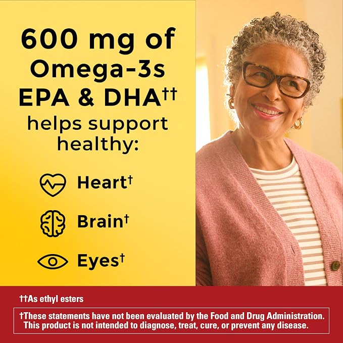 Nature Made Omega 3 Fish Oil and Algae Oil Supplements, 1200mg, Algae Oil & Fish Oil Blend, Omega 3 Supplement for Heart, Brain and Eyes Support, One Per Day, 60 Softgels
