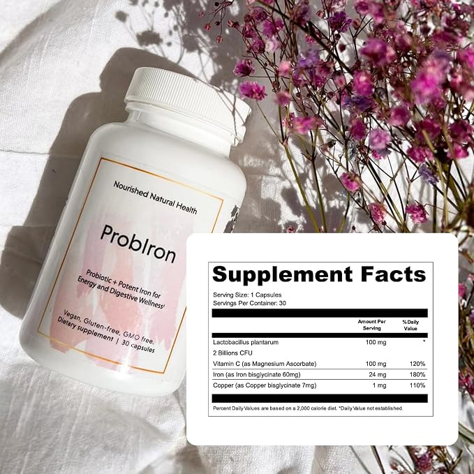 Nourished Natural Health ProbIron - Women's Probiotic + Iron Supplement Boosted with Vitamin C and Copper - Vegan Formula for Energy and Digestive Wellness - 60 Capsules