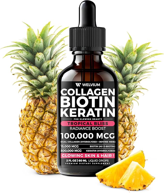 Liquid Biotin and Collagen Peptide Complex with Keratin, Hyaluronic Acid, MCT Oil, Zinc, Vitamins B6, B7, B12, A, C, D3, E - Hair, Skin, and Stronger Nails Supplement - 2 Pack