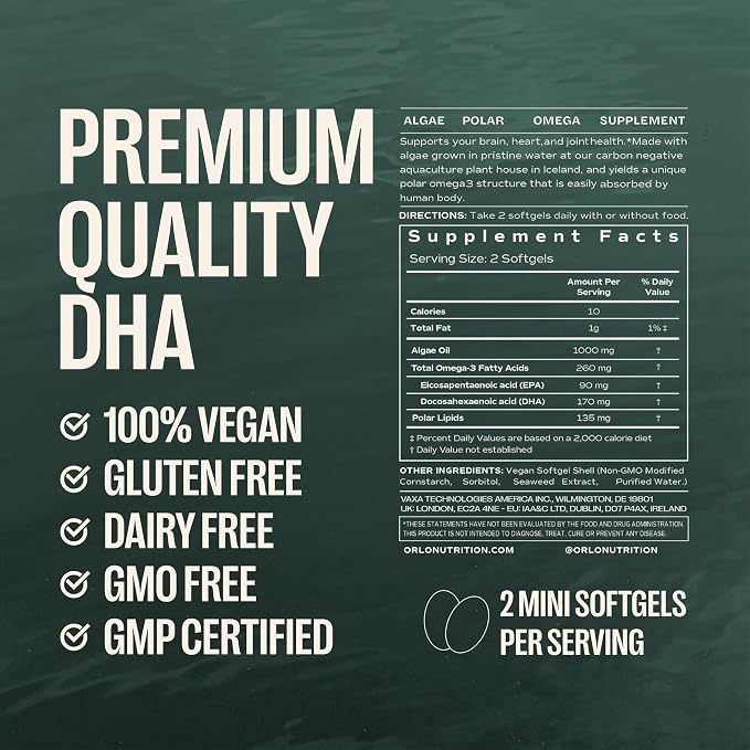 Orlo DHA Supplement 1000mg - 3X Absorption Natural Icelandic Nordic Omega 3 DHA & EPA for Brain & Eye Support – Vegan Fish Oil Alternative, No Fishy Aftertaste, 120 Easy-to-Swallow Mini Softgels