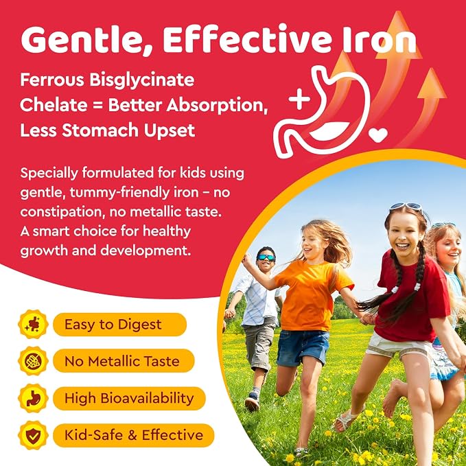 Liquid Iron Supplement for Kids, Kids Multivitamin with Iron Drops with Zinc, Vitamin B Complex, Folate - Support Blood Builder & Energy, Iron Deficiency for Women, Men, Vegan Strawberry 4 Fl Oz