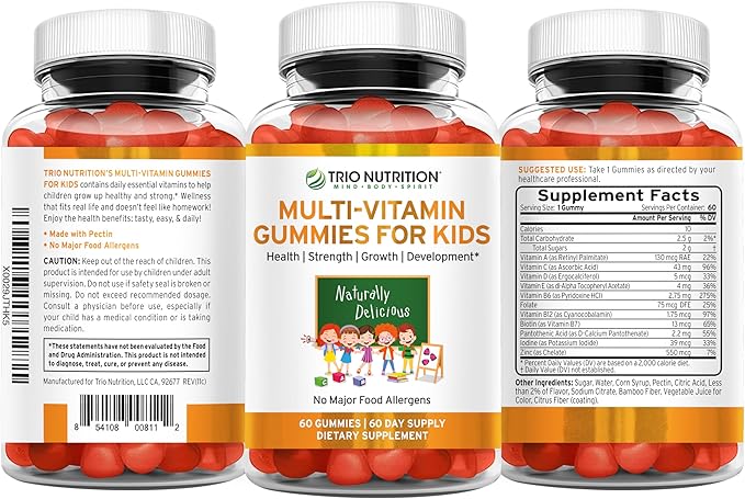 TRIO NUTRITION Premium Kids Multivitamin Gummies with Vitamin C & Zinc for Immune & Energy Support | Complete Daily Essential Vitamins to Grow Up Strong| Pectin, Animal-Free, Allergen-Free*