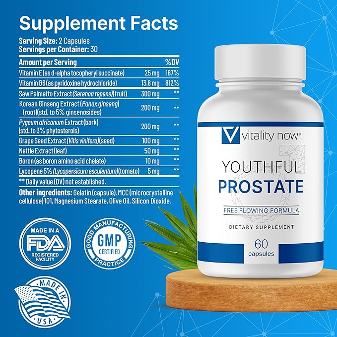 Youthful Prostate -Saw Palmetto for Men, Boosts Energy with Panax Ginseng, Antioxidant Protection, Vitamin E & Lycopene, Promotes Vitality & Well-Being - Prostate Supplement (Pack of 2)