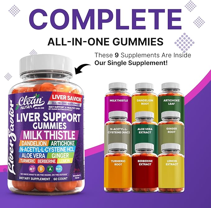 Clean Nutra Liver Cleanse Detox & Repair Gummies | Milk Thistle Gummy Liver Support Vitamins | Dandelion, Artichoke, Aloe Vera, Ginger, Berberine, Lemon, N-Acetyl-L-Cysteine, Turmeric Supplement HCL
