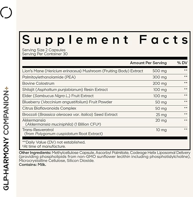 Codeage GLP-Harmony Companion+ Supplement - GLP-1 Agonist Support - Lion's Mane, Pea, Colostrum, Shilajit, Akkermansia, Elder, Citrus Bioflavonoids, Broccoli, Resveratrol - Non-GMO - 60 Capsules