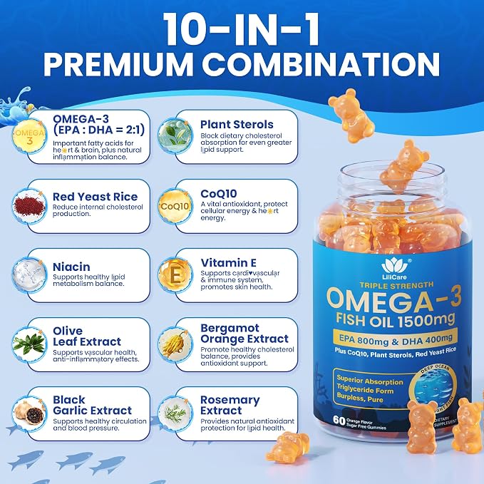 Fish Oil Omega 3 Gummies 1500mg for Adults - Triple Strength with EPA & DHA, COQ10, Red Yeast Rice - Wild Caught Omega 3 Fatty Acids Supplements for Hḙar-t & Brain - Sugar Free, Burpless, 120 Count