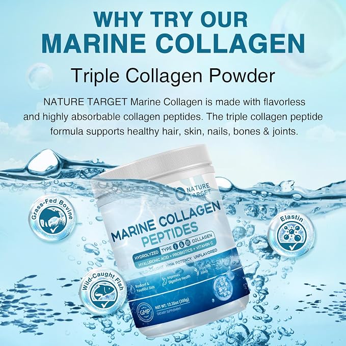 NATURE TARGET Marine Collagen Peptides Powder - Type I & III Collagen with Probiotics, Vitamin C & Hyaluronic Acid for Skin, Hair, Nails, Wild-Caught Fish & Grass-Fed Bovine, 35 Servings (Pack of 2)