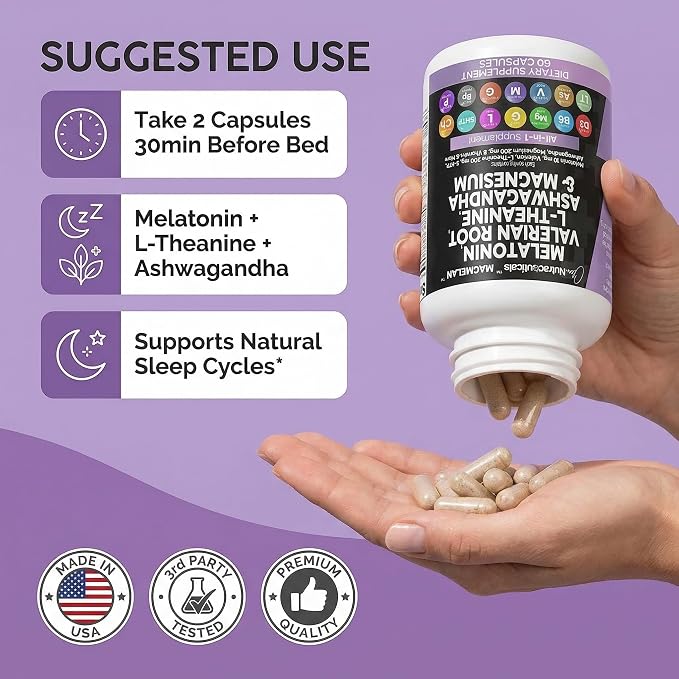 Clean Nutraceuticals Melatonin 10mg Valerian Root L Theanine 200mg Ashwagandha - Sleep Support for Women & Men with Magnesium Complex, Lemon Balm, Chamomile, & Passion Flower - 60 Caps