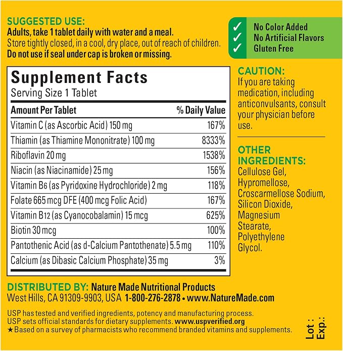 Nature Made Super B Complex with Vitamin C and Folic Acid, Dietary Supplement for Cellular Energy Support, 60 Tablets, 60 Day Supply