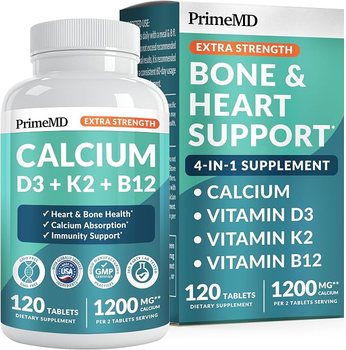 4-in-1 Calcium 1200 mg with Vitamin D3 Supplements for Women and Men - Calcium Extra Strength with Vitamin D3 K2 5000 IU Supplement,1200 mg per Serving - Vegan-Friendly - (120 Count) (Pack of 1)