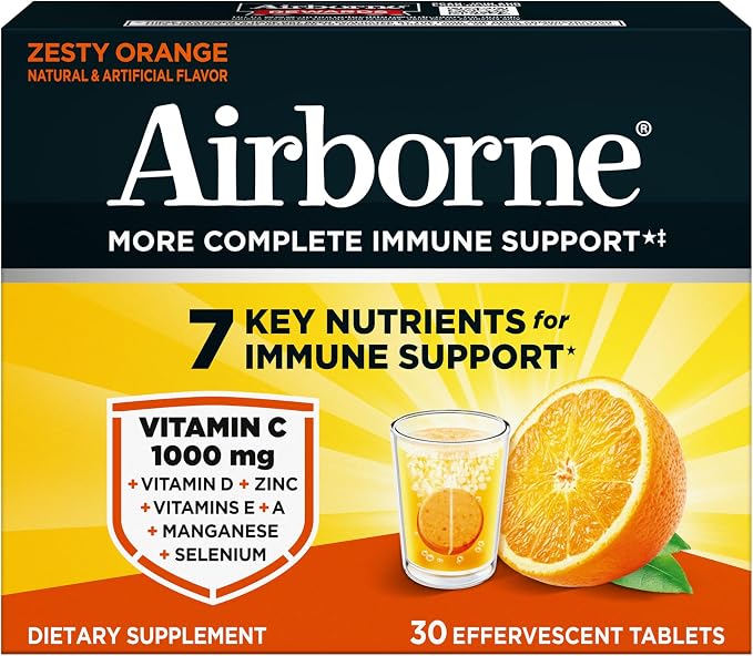 Airborne Variety Pack 1000mg Vitamin C with Vitamin D & Zinc, Sugar Free Multivitamin Immune Support Supplement, Antioxidants Vitamins A C & Vitamin E, 30 Effervescent Tablets, Citrus + Verry Berry