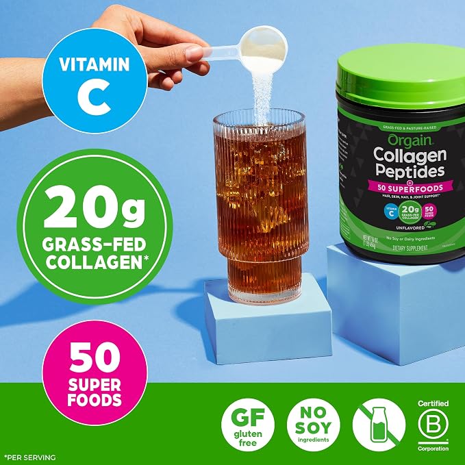 Orgain Hydrolyzed Collagen Powder + 50 Organic Superfoods For Women & Men, 20g Grass Fed Collagen with Vitamin C, Unflavored - Hair, Skin, Nail, & Joint Support Supplement, Non-GMO, Type I & III, 1lb