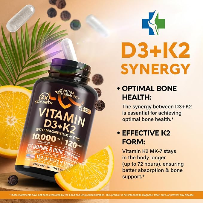 Vitamin D3 K2 - Vitamin D3 10000 iu & K2 as MK-7 120 mcg - Immune & Mood Support, for Bone & Teeth Health - with Magnesium, Zinc & Vitamin C & B12 - Highly Bioavailable - Made in USA, 120 Capsules