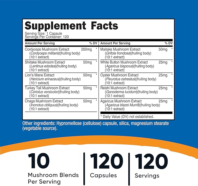 Nutricost Mushroom Complex Supplement, 120 Capsules for 120 Servings per Bottle - 10 Mushroom Blend (Includes Reishi, Maitake, Shiitake, Lion's Mane, and More) - Non-GMO and Gluten Free