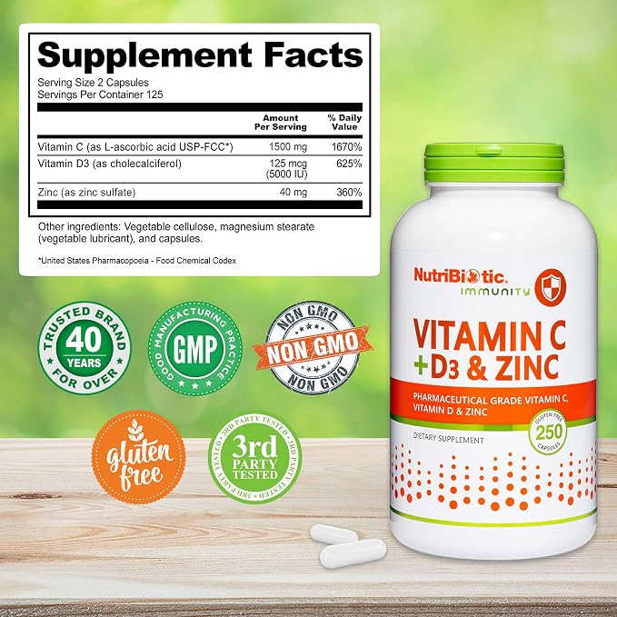 NutriBiotic – Vitamin C + Vitamin D3 & Zinc, 250 Capsules | Potent, Comprehensive Immune Support | Essential & Antioxidant Daily Supplement | Gluten & GMO Free (Pack of 2)