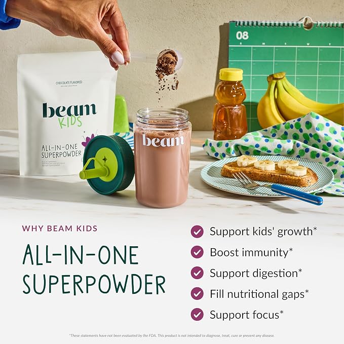 Beam Kids Multivitamin Powder – Kids Vitamins with Greens, Probiotic & Prebiotic, Immune Support for Children & Toddlers, No Artificial Sweeteners, for Picky Eaters, 20 Servings, Chocolate Flavor
