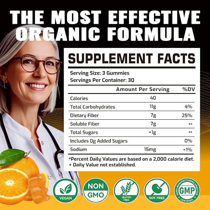 Prebiotic Fiber Gummies for Adults, 7G Extra Strength, Zero Sugar Added, 90 Pectin Based Gummies, Digestive Health -Orange