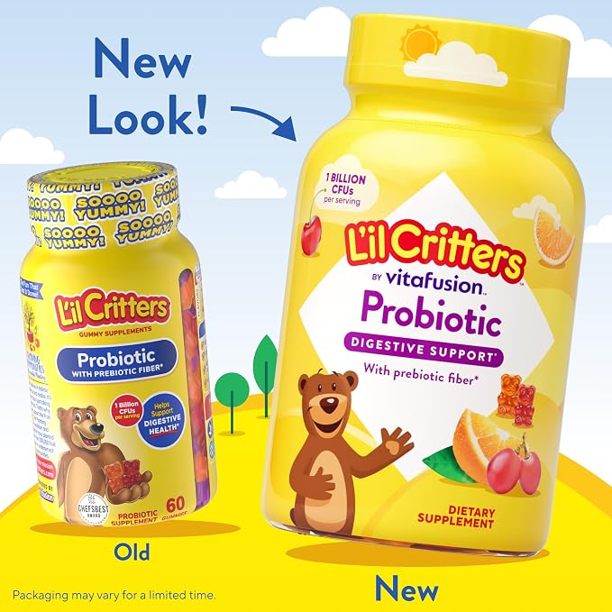 L’il Critters Probiotic Daily Gummy Supplement for Kids, for Digestive Health Support, Grape, Cherry and Orange Flavors, 60 Gummies