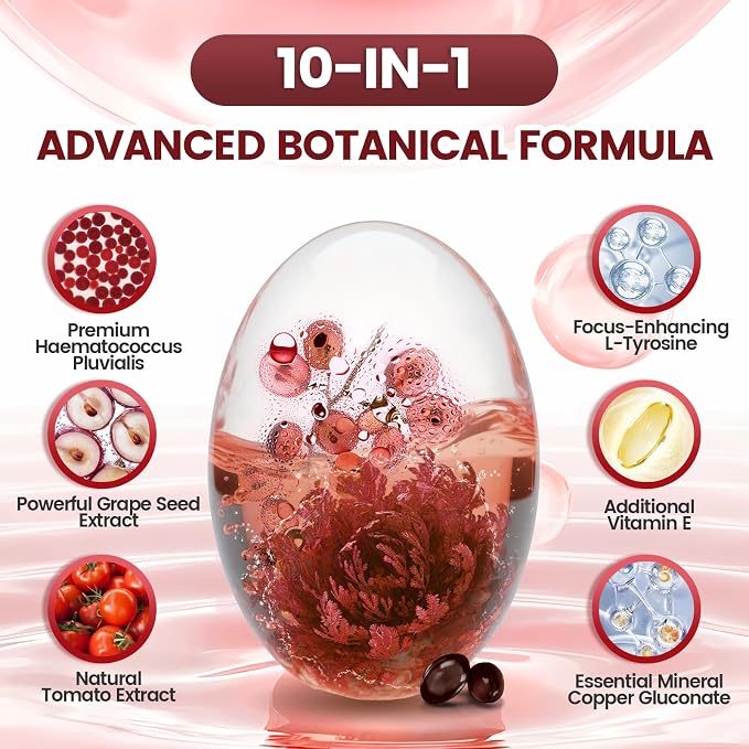 VivoNu Astaxanthin 24mg – Powerful Antioxidant Support for Skin, Eyes & Immune System – 10-in-1 Formula with Lycopene, Grape Seed, Vitamin E & Zinc – Triple Strength, 480 Softgels, 2 Bag