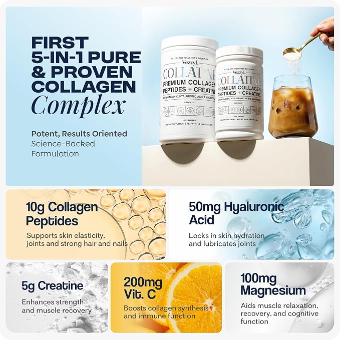 Collatine - Premium Collagen Peptides + Creatine with Vitamin C, Hyaluronic Acid and Magnesium for Skin, Hair, Nails, Bone & Joint, Muscle, Immune and Cognitive Aid (1.1 LB (500 G/17.6 OZ)