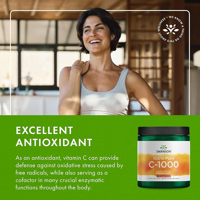 Swanson Vitamin C Powder 100% Pure Ascorbic Acid, Immune System Support, Skin Health, Cardiovascular Health, Antioxidant Supplement 1000 mg (per Serving) 1 lb. 454 g