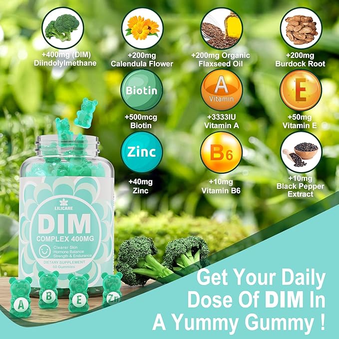 DIM Supplement Women 400mg, Estrogen Supplement for Women, Sugar Free DIM Gummies for Men & Women w/ Biotin, Flaxseed Oil, Burdock, Calendula, BioPerine for Hormone Balance, Menopause & Prostate 60Cts