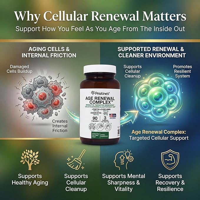 Age Renewal Complex - Cellular Renewal & Senescent Cell Removal Support - Fisetin, Quercetin, Curcumin, Zinc -Senolytic & Autophagy Aid Supplement - - Non-GMO, USA Made Glass Bottle
