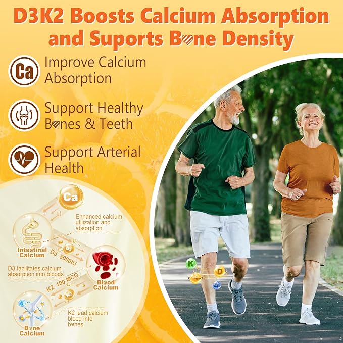 Vitamin D3 K2 Gummies 5000IU / 10,000 IU with Omega-3 250mg+K2(MK-7) 100mcg -5X Absorption Than Standard D3K2,with Vitamin C,Zinc,and 5 Organic Vegetables,Supports Bone & Teeth Strength, Immune,1 Pack