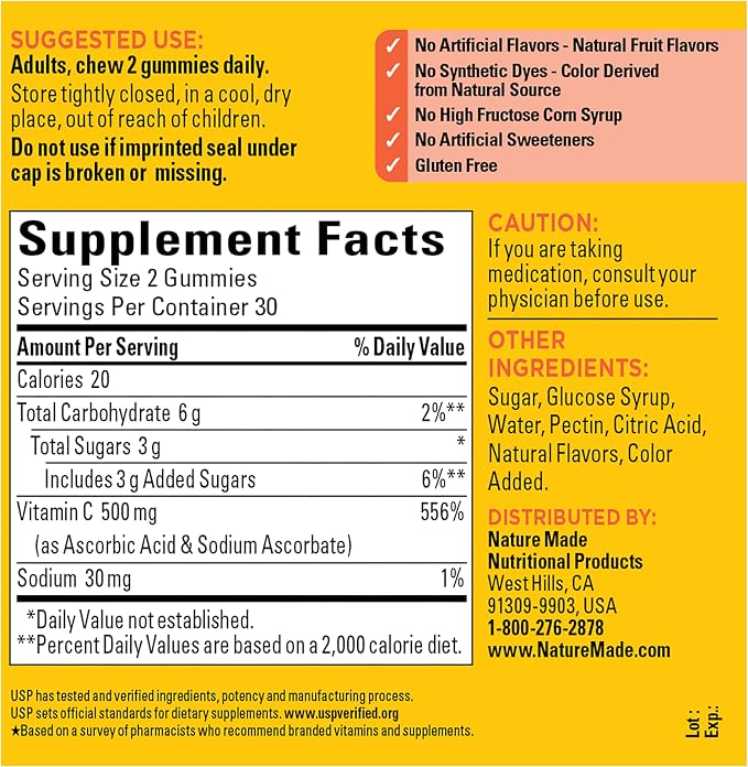 Nature Made Extra Strength Dosage Vitamin C 500 mg per serving, Dietary Supplement, Vitamin C Gummies for Immune Support, 60 Gummies, 30 Day Supply