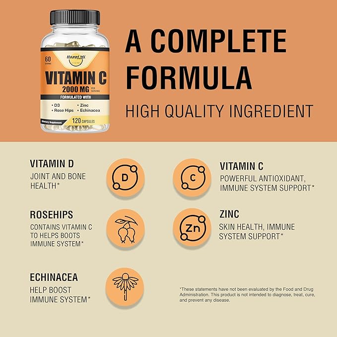 Vitamin C 2000mg per Serving with Zinc 40mg & Vitamin D3 5000 IU – Echinacea Extract & Rose Hip – 120 Vegan Capsules, 60 Day Supply, Non-GMO, No Fillers