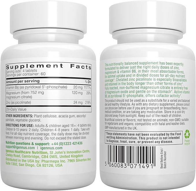 Igennus Neurobalance Zinc Magnesium & B6 Complex Formulated for Cognitive Support, Calm Focus & Relaxation, 240 Small Tablets, High Absorption Chelated Zinc & Fully Reacted Magnesium, Vegan, Non-GMO