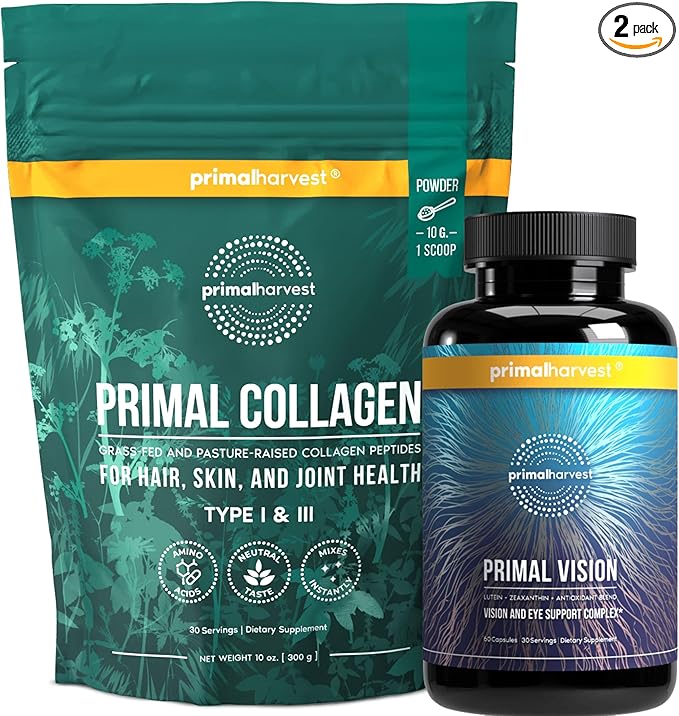 Primal Harvest Collagen Powder & Vision Supplements for Women and Men Vision and Eye Support Complex with Lutein, Zeaxanthin Bundle