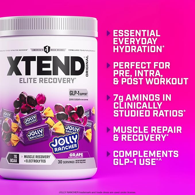 Xtend Original BCAA Powder, 7g BCAAs and 2.5g L-Glutamine for Muscle Recovery Hydration and Lean Muscle, Sugar Free Intra and Post Workout Drink with Electrolytes, Grape Jolly Rancher, 30 Servings