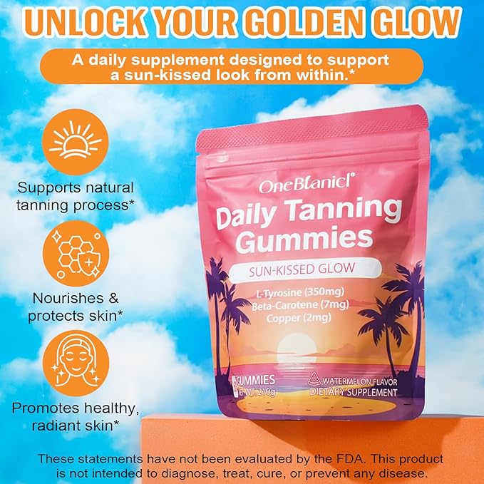 Daily Tanning Gummies - Natural Sun-Free Glow - with L-Tyrosine & Beta-Carotene to Enhance Tan, Nourish & Protect Skin, Watermelon Flavor, 60 Count