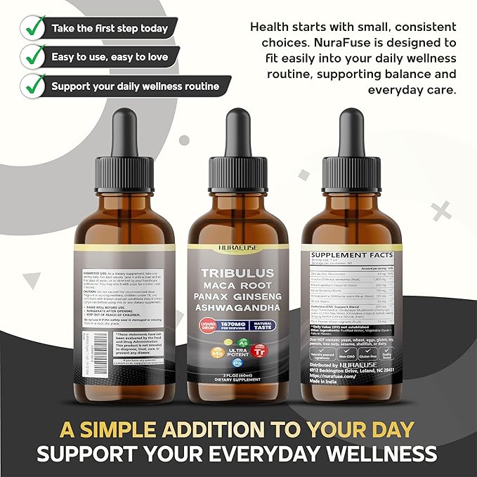 Organic Tribulus, Maca Root, Panax Ginseng, Ashwagandha Liquid Drops – 1670mg per Serving, Ultra Potent, Natural Taste – 2 FL OZ (60ml)